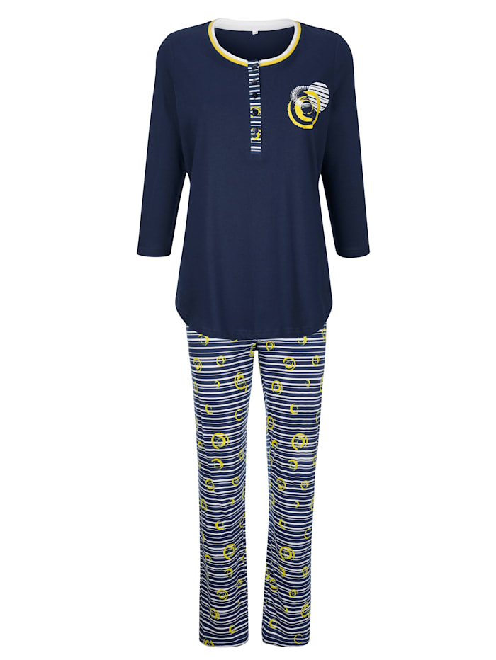 Harmony Pyjama met een fraaie patronenmix, Donkerblauw/Citroen