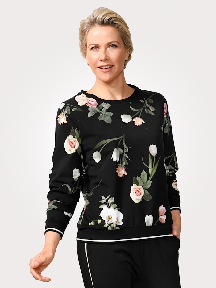MONA Sweatshirt mit fotorealistischem Blumen-Druck, Schwarz/Dunkelgrün/Rosé