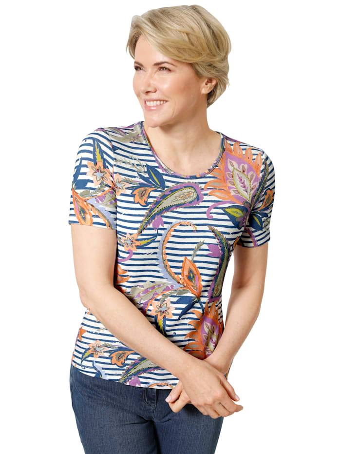 Barbara Lebek T-shirt à imprimé mode, Marine/Écru/Orange