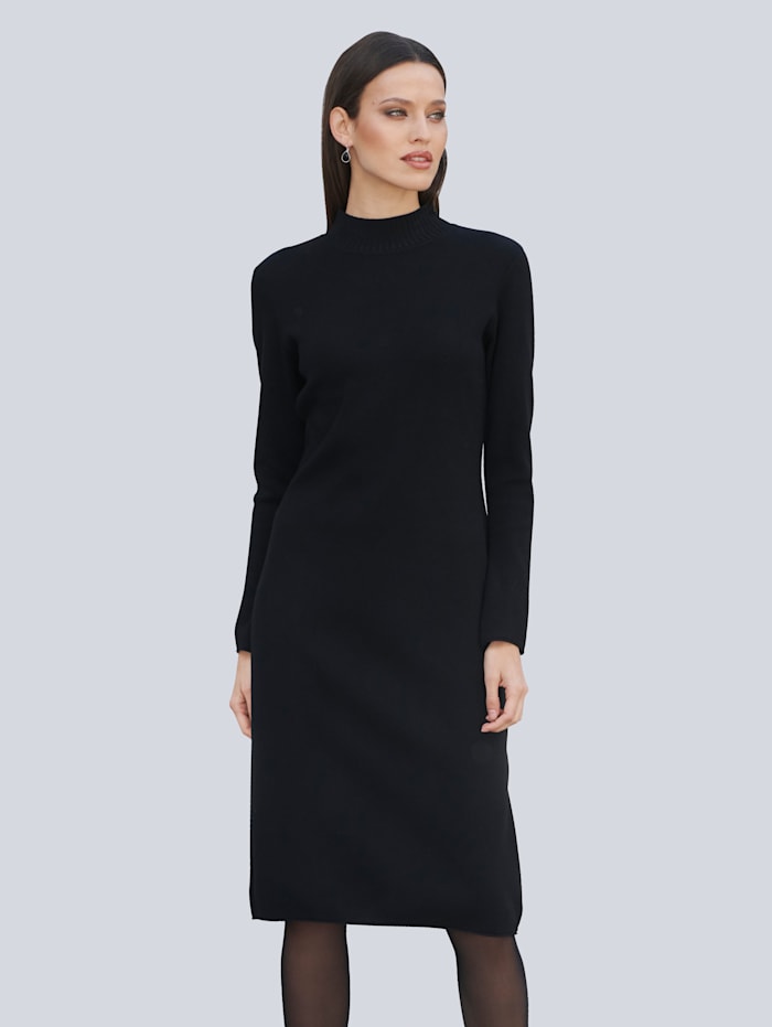 Alba Moda Pletené šaty s malým stojatým golierom, Čierna