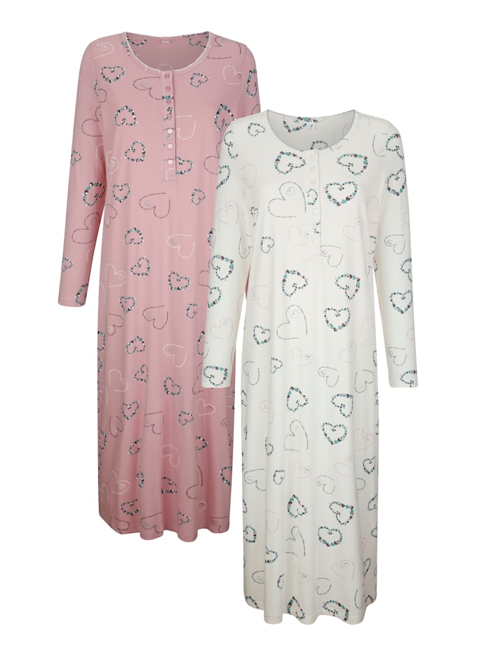 Harmony Chemises de nuit par lot de 2 à jolie finition croquet au col, Écru/Vieux rose