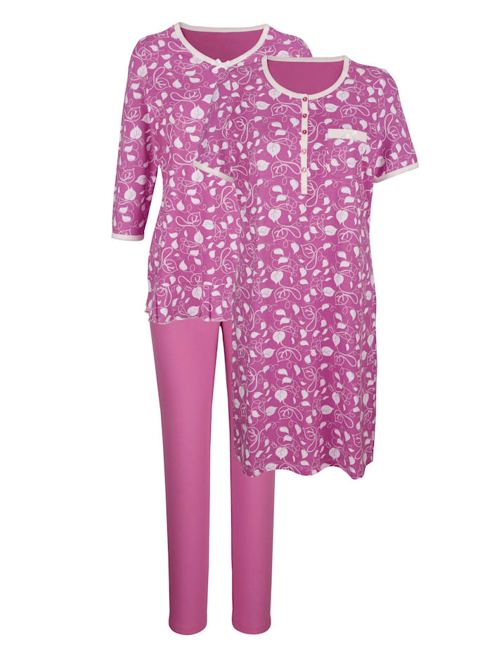 Harmony Souprava pyžama a noční košile s romantickými volány, Fuchsie/Ecru