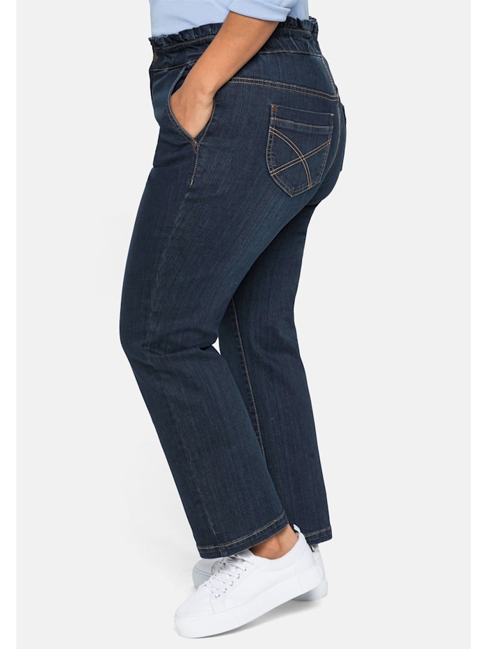 Jeans in gerader Form mit gerafftem High-Waist-Bund