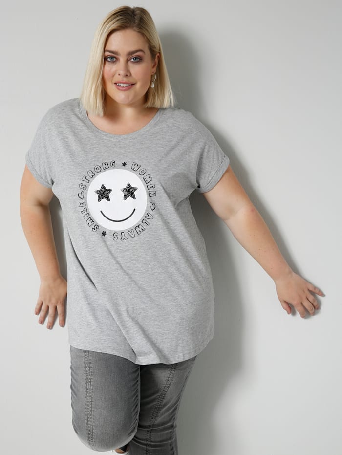 Sara Lindholm Shirt mit Smiley Motiv und Pailletten, Hellgrau