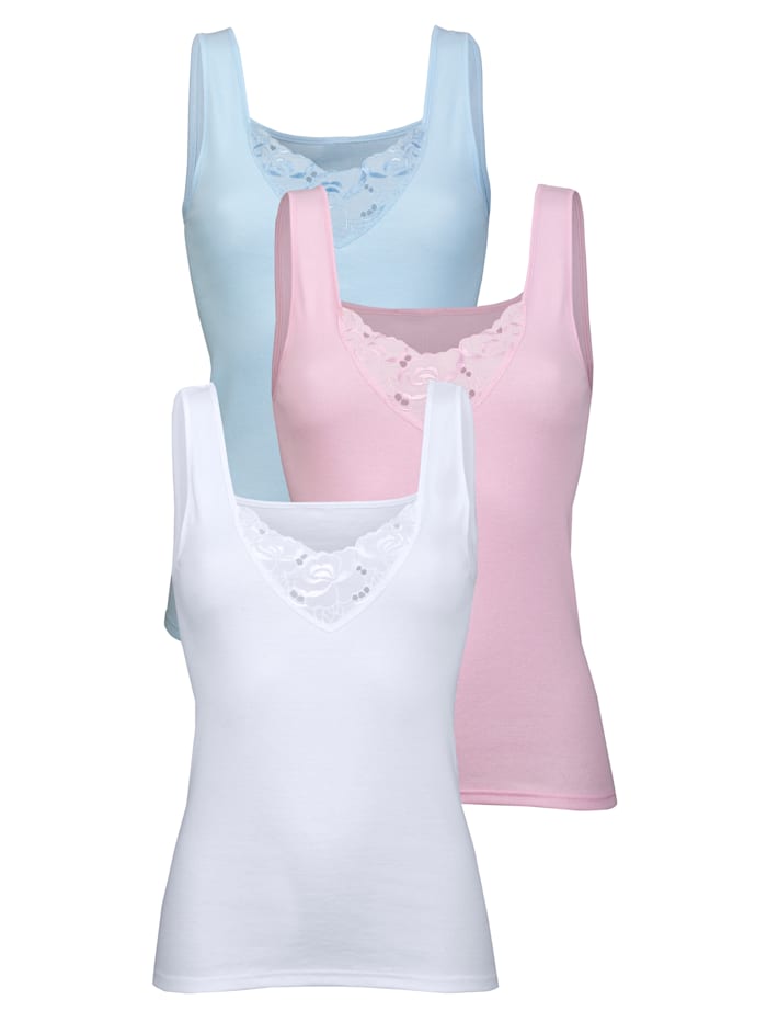 Harmony Lot de 3 chemisettes avec motif batiste, Bleu ciel/Rose/Blanc