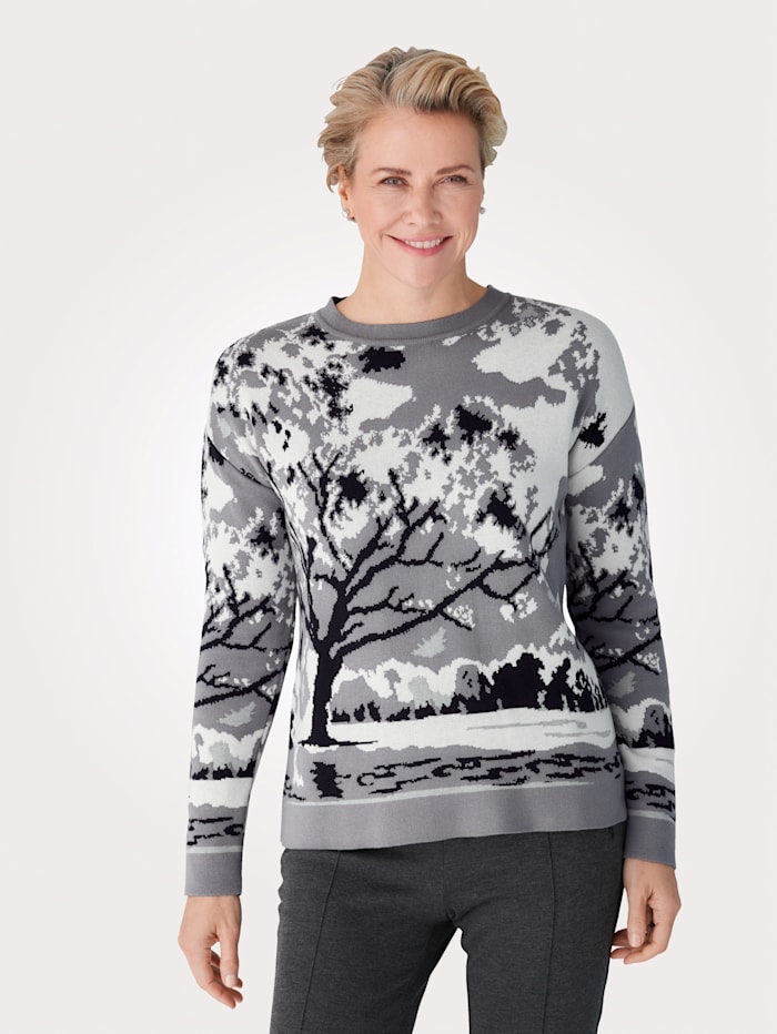 MONA Pullover mit aufwendigem Strickmotiv, Grau/Silberfarben