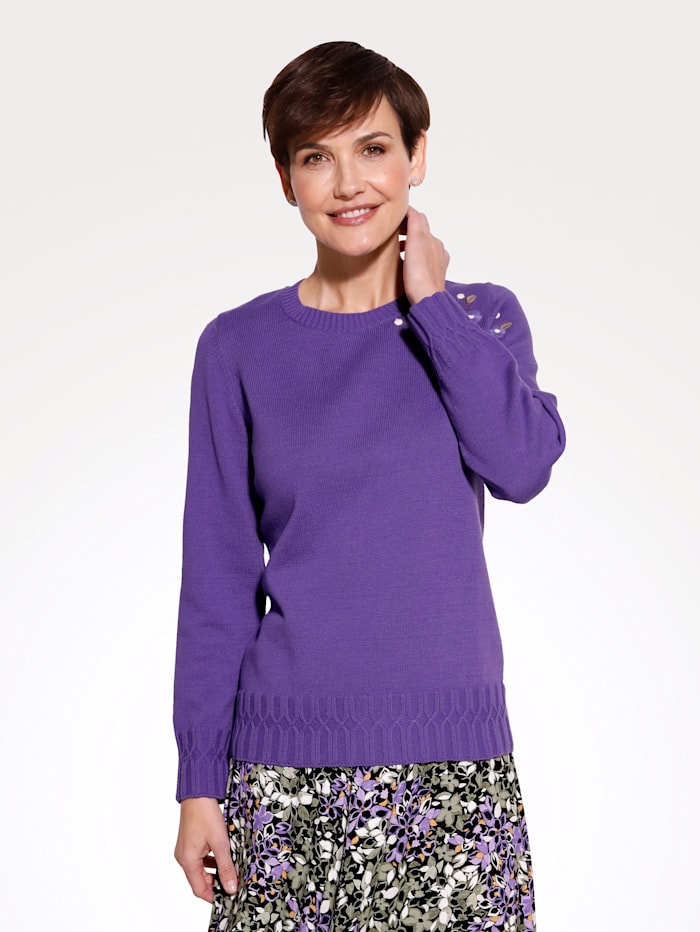 MONA Pullover mit floraler Stickerei, Sand/Violett