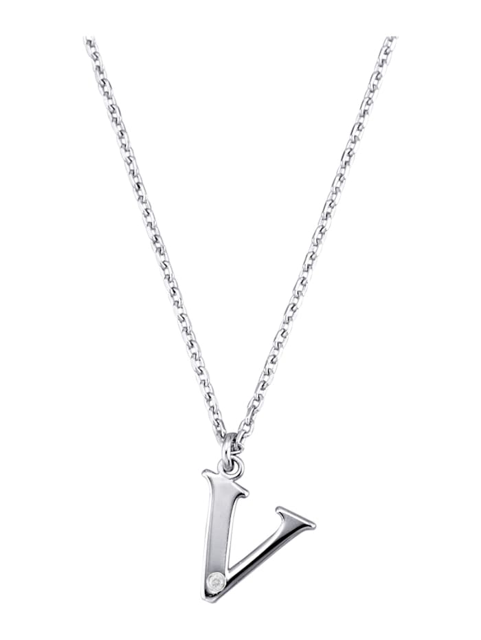 Halsband med bokstavshänge – V med diamant, Silverfärgad