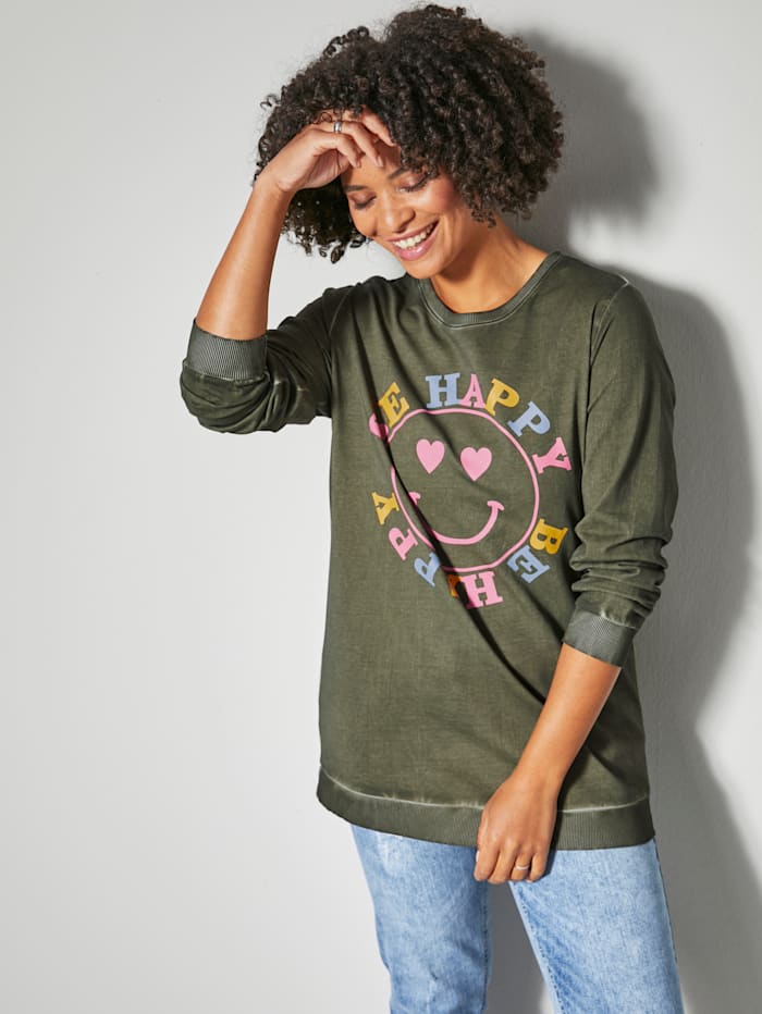 Angel of Style Sweatshirt mit Smiley und Schriftzug Print, Khaki
