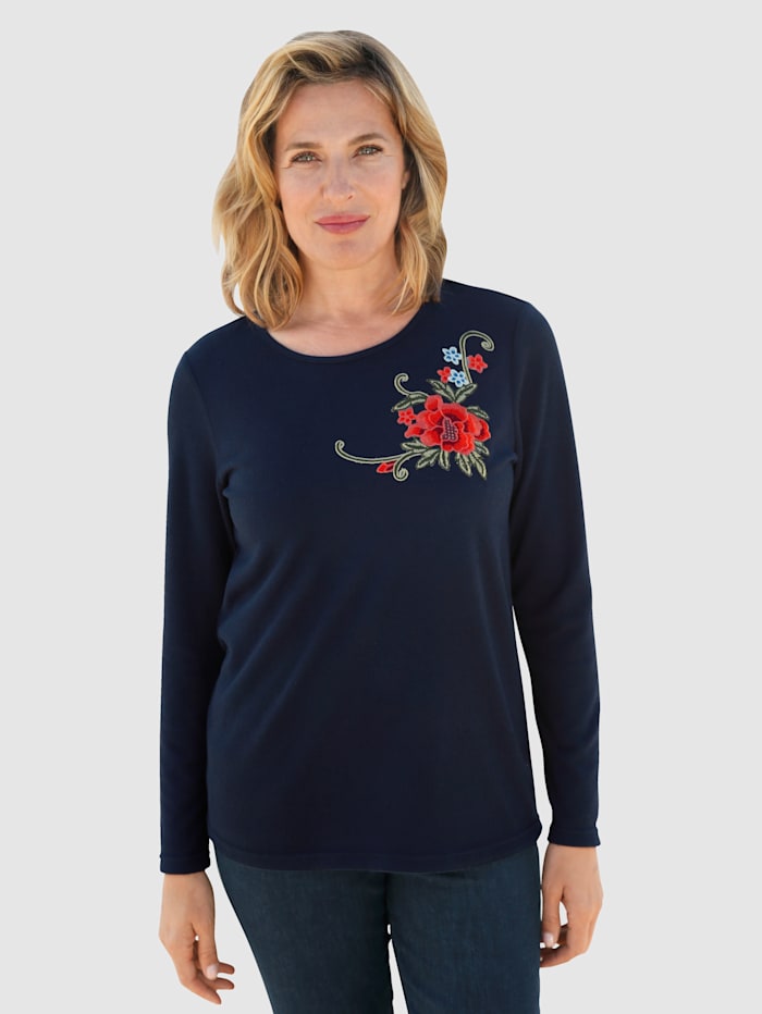 Paola Shirt mit kontrastfarbener Blumenapplikation, Marineblau