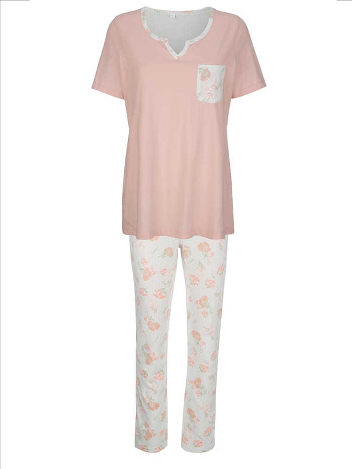 Harmony Schlafanzug mit raffiniertem Ausschnitt, Rosé/Eisblau/Ecru