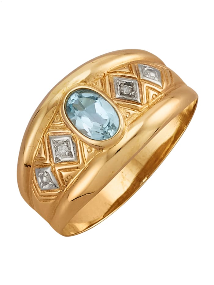Damenring mit Blautopas und Diamanten in Silber 925, Gelbgoldfarben