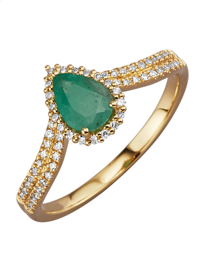 Amara Farbstein Damenring mit Smaragd und Diamanten, Grün