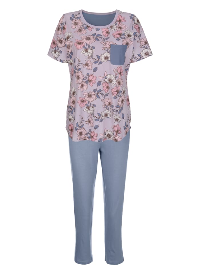 Harmony Schlafanzug mit kontrastfarbener Brusttasche, Flieder/Rauchblau