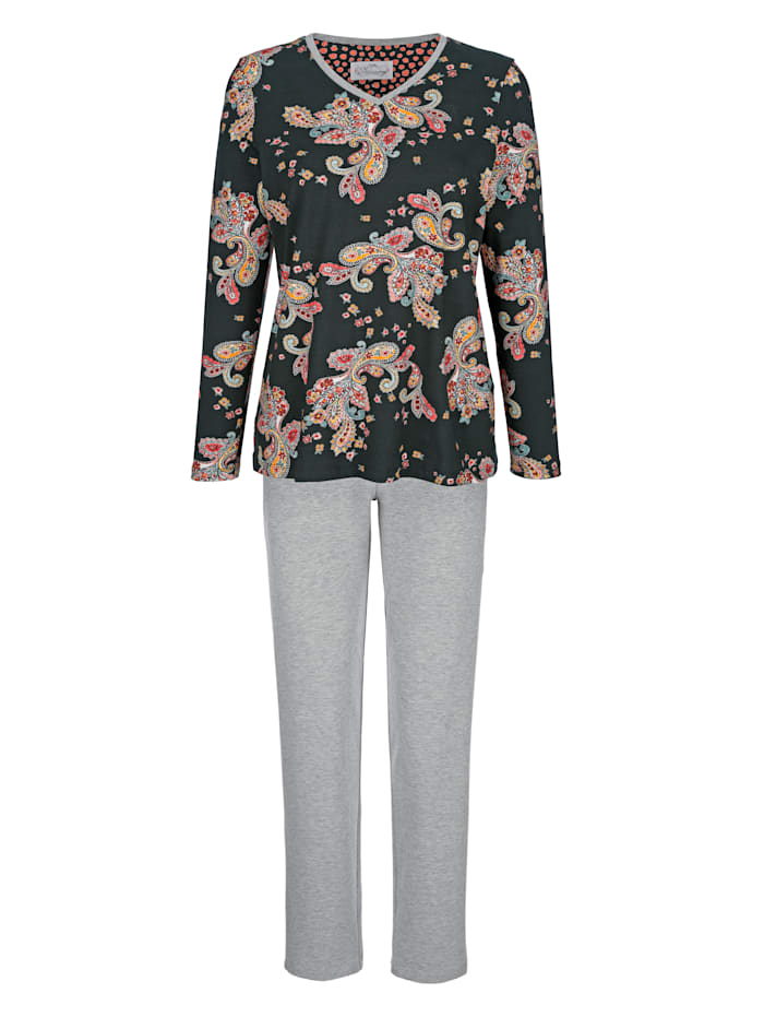 Ringella Bloomy Schlafanzug mit hübscher Kontrastverarbeitung am V-Ausschnitt, Schwarz/Grau