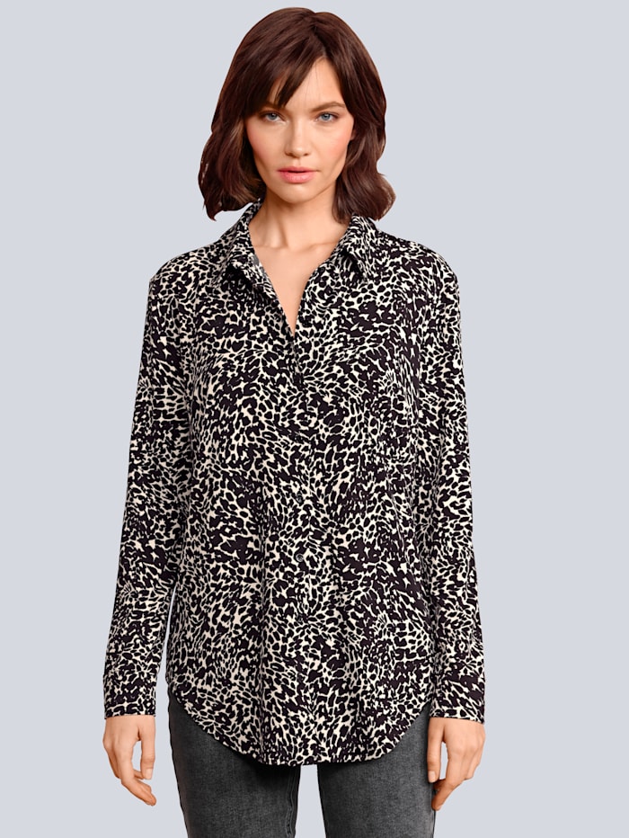 OUI Bluse mit kontrastfarbenen Animal-Muster rundum, Schwarz/Weiß