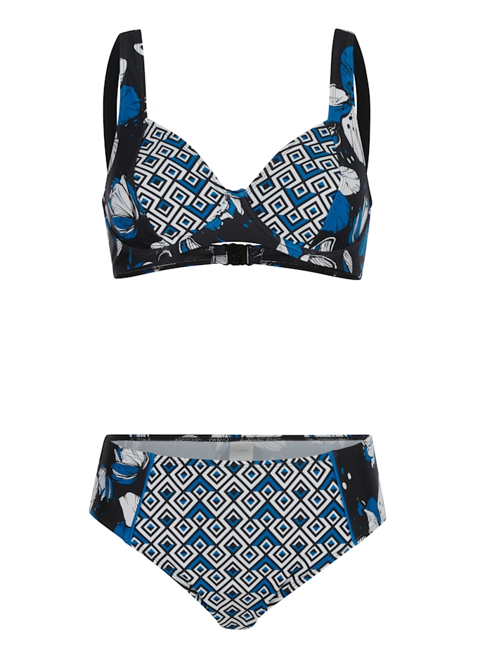 Maritim Bikini met een modieuze patronenmix, Zwart/Wit/Royal blue