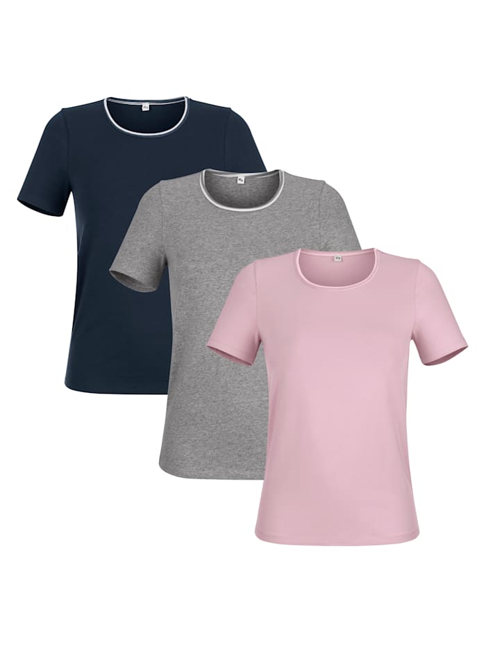 Harmony Shirts per 3 stuks met gestreepte paspels, Marine/Mauve/Lichtgrijs