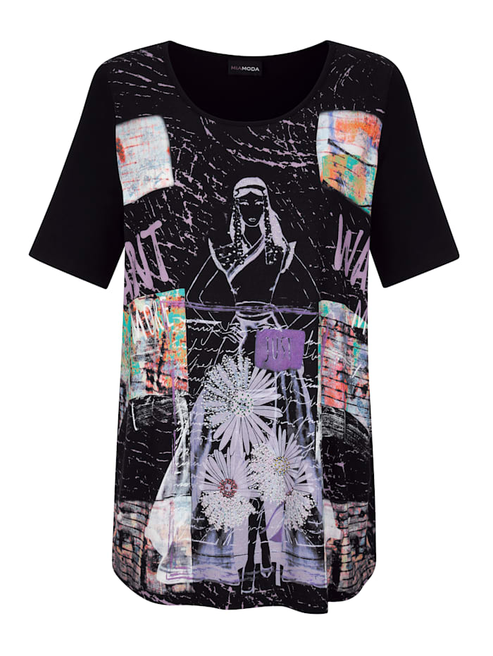 MIAMODA Tričko s dekorativním potiskem, Černá/Multicolor