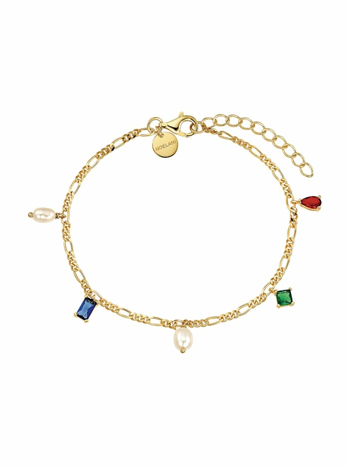 Noelani Armband für Damen, 925 Silber vergoldet, Figarokette 16+3 cm "Renaissance" mit Glasstein/Perle, Gold