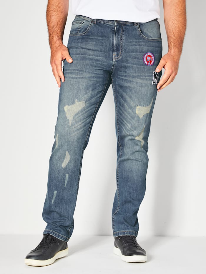 John F. Gee Tapered-Jeans mit Destroyed Effekten, Blue stone