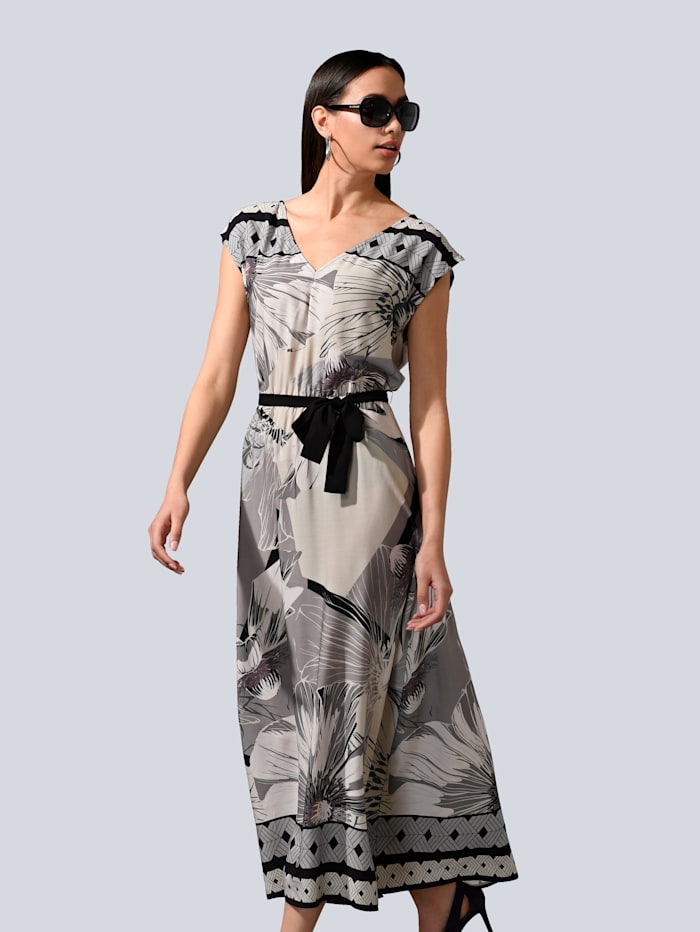Alba Moda Kleid mit platziertem Blütendruck, Grau/Schwarz