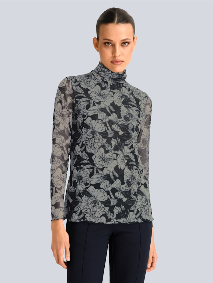 Alba Moda Mesh-Shirt mit floralem Print, Marineblau/Stein