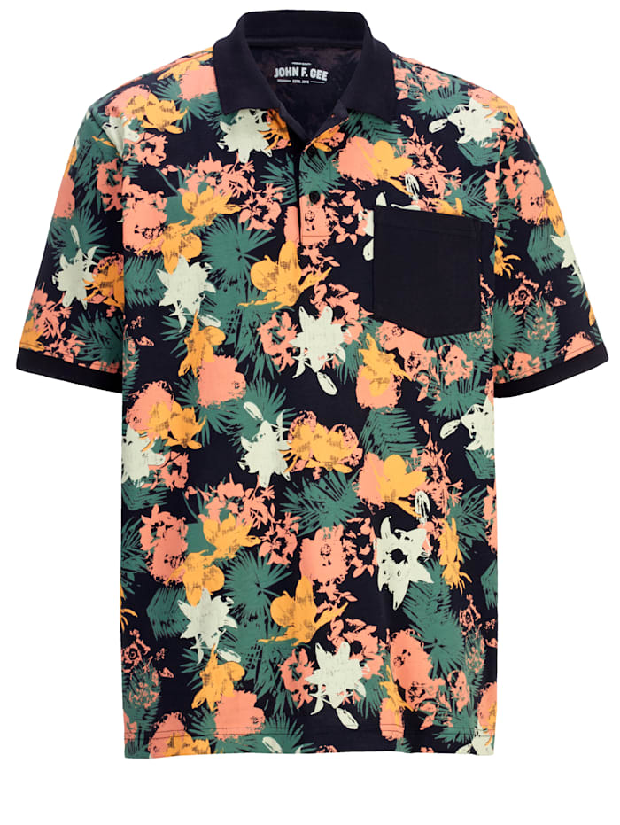 John F. Gee Poloshirt mit Floralem Druck, Schwarz/Multicolor
