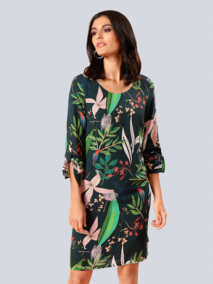 Alba Moda Kleid in auffallenden floralen Dessin, Grün/Koralle