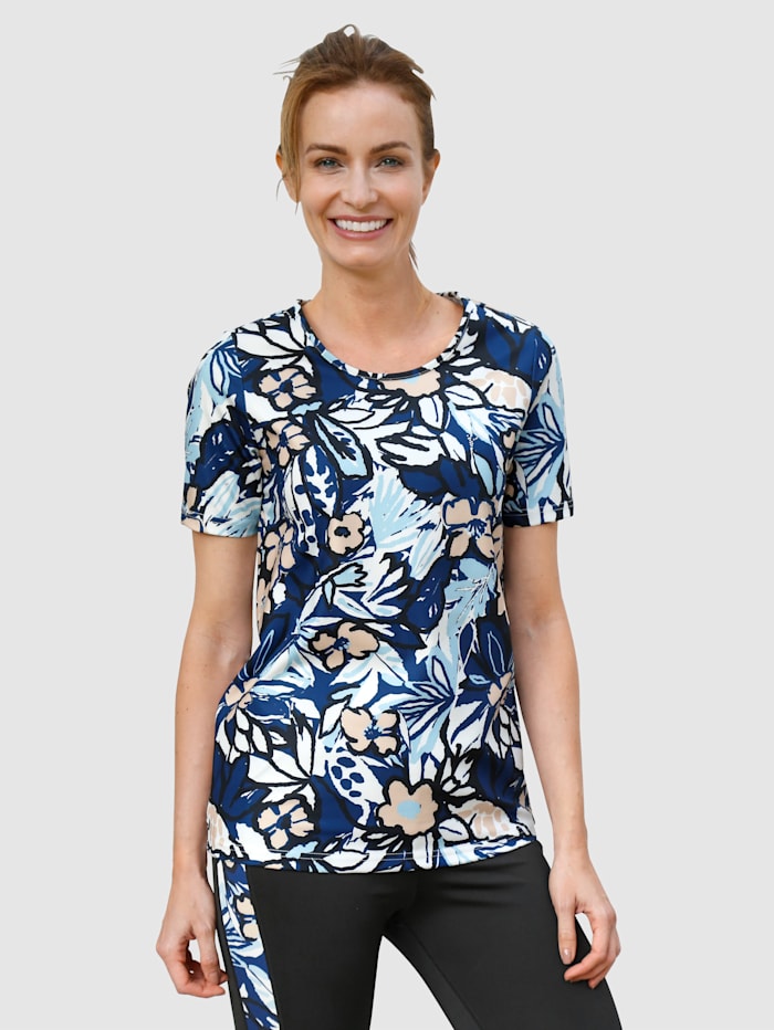 Paola T-shirt fonctionnel à imprimé fleuri devant et dos, Marine/Noir/Marron clair