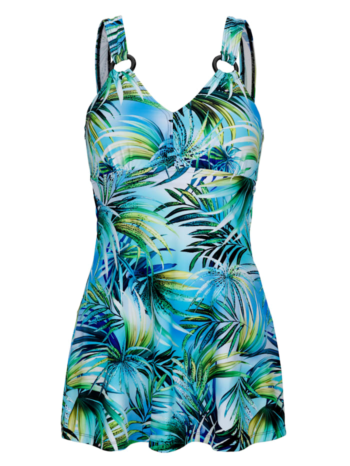 Maritim Swim dress in a stylish leaf print, Turquoise/Yellow/Green