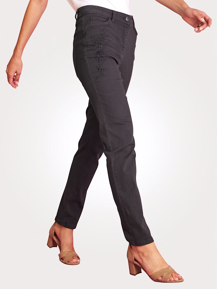 MONA Jeans mit toniger Blüten-Stickerei, Rauchblau