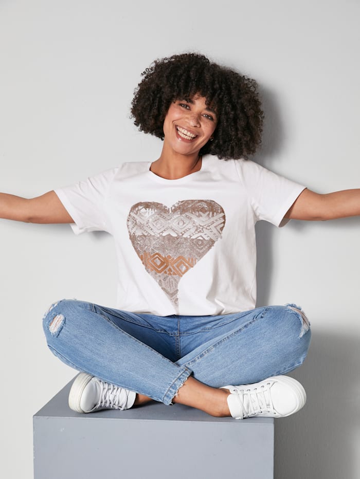 Angel of Style T-shirt à motif cœur et ethnique, Blanc
