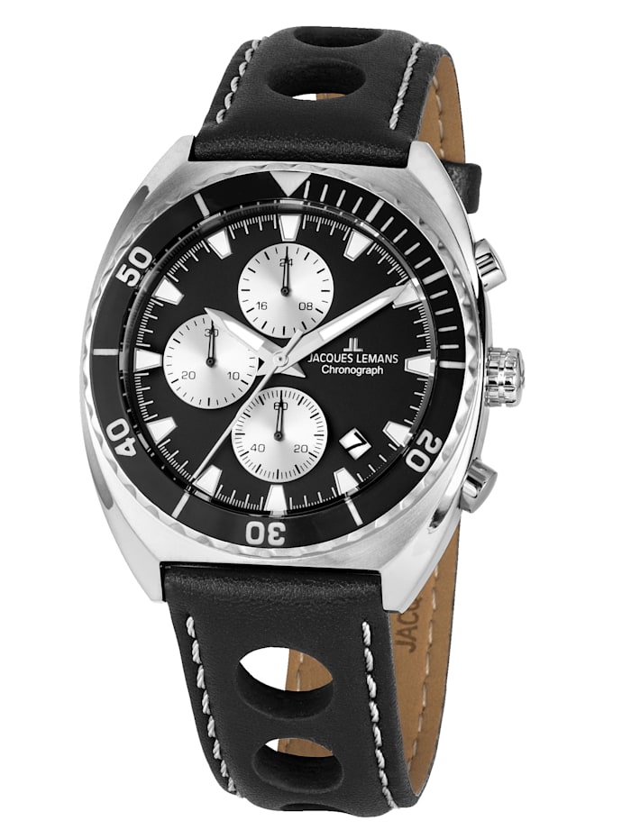 Jacques Lemans Herren-Uhr Chronograph Serie Retro 200 Kollektion Classic 1-2041A, Schwarz/Silberfarben