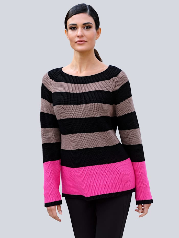 Alba Moda Trui in color blocking design, Zwart/Pink/Beige
