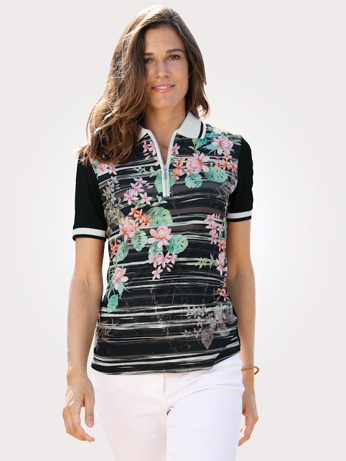 MONA Poloshirt met beeldig bloemenborduursel, Zwart/Mint/Pink