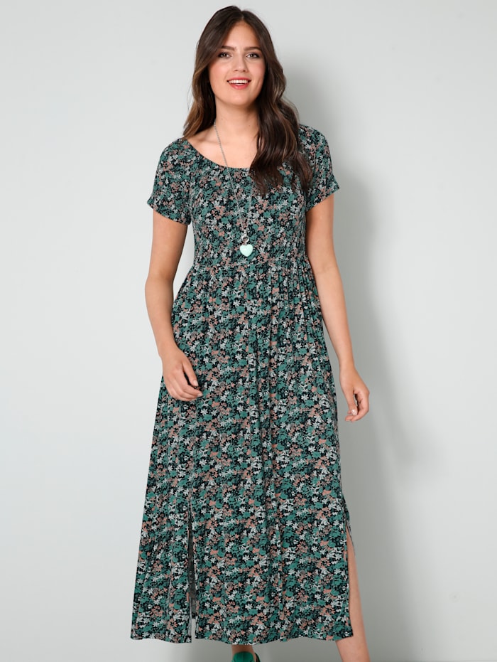 Janet & Joyce Jersey-Kleid mit gesmoktem, elastischem Oberteil, Schwarz/Salbeigrün
