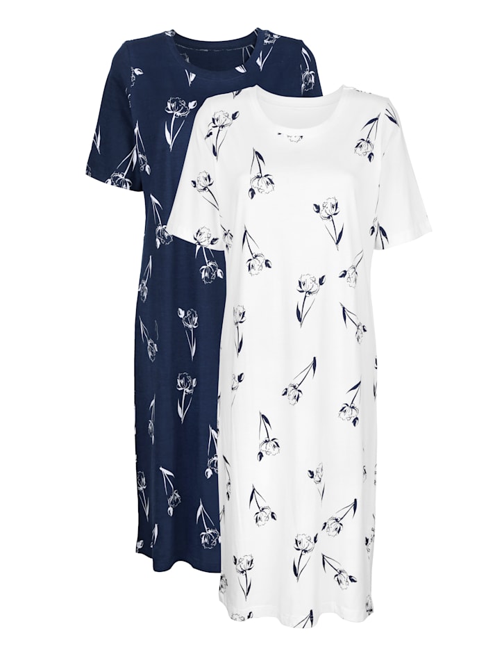 Harmony Nachthemden per 2 stuks met print rondom, Marine/Wit