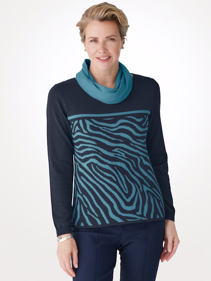 MONA Pullover mit Schal mit unifarbenem Loop-Schal, Türkis/Marineblau