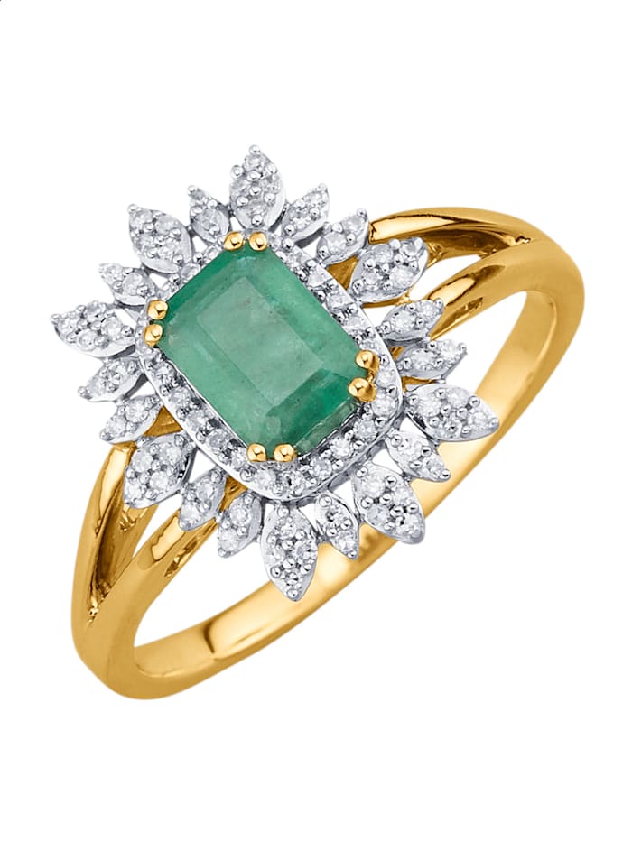 Amara Farbstein Damenring mit Smaragd und Diamanten, Grün