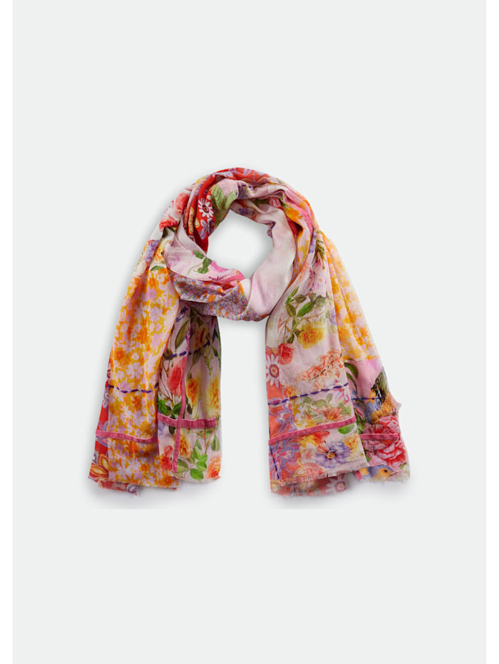 Codello Blumen-Schal aus Organic Cotton mit Samtbordüren und Kontraststickerei, PINK MEDIUM