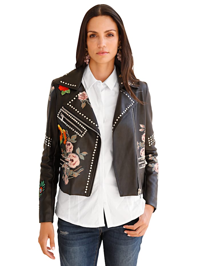 Maze Leather jacket with floral print, Black/Multi