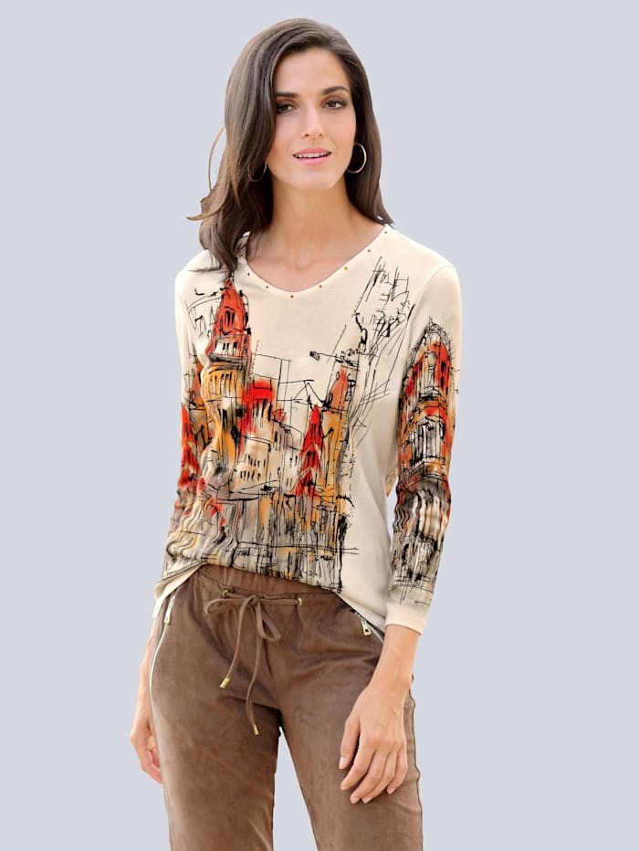 Alba Moda Shirt mit modischem Städtemotiv, Ecru/Orange/Braun