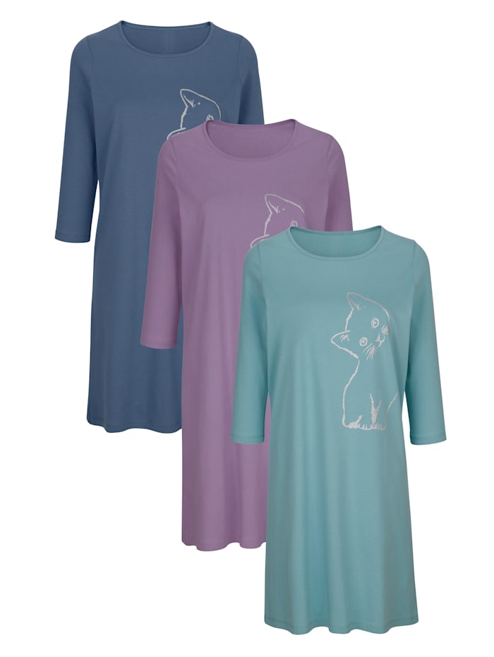 Blue Moon Nachthemden per 3 stuks met kattenmotief, Smaragdgroen/Blauw/Lila