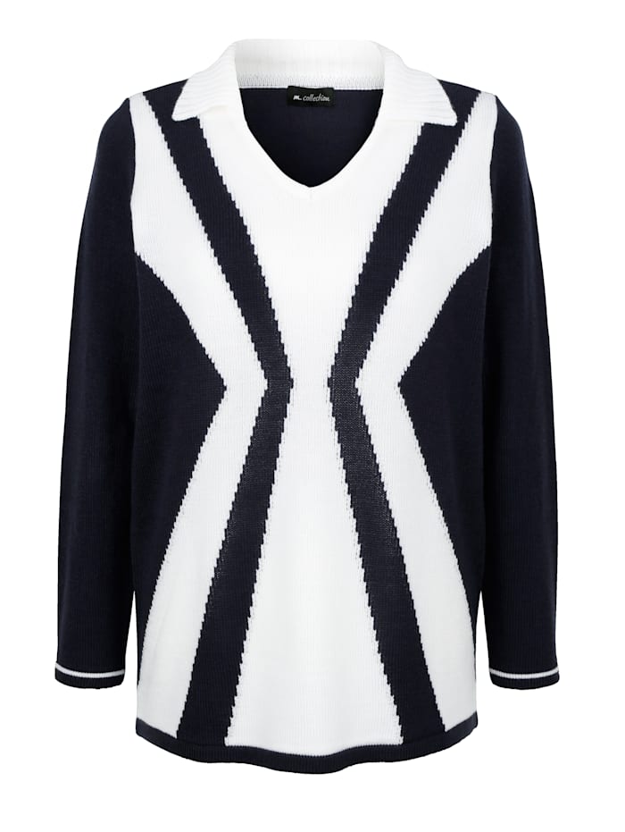 m. collection Pullover mit streckendem Streifenstrickmuster vorne, Marineblau/Weiß