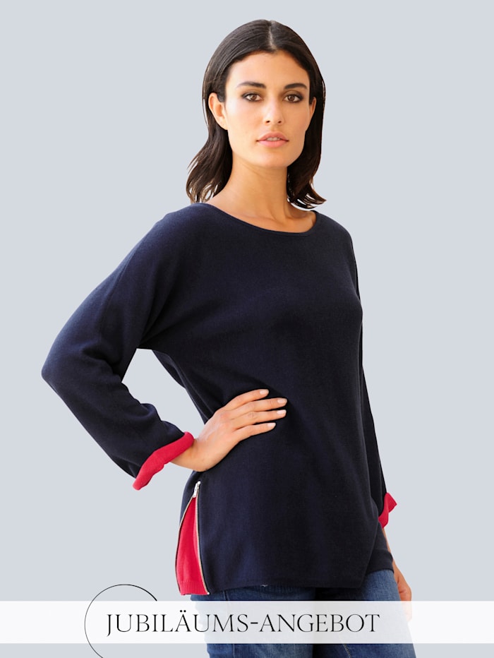 Alba Moda Pullover mit seitlichem Zipper, Marineblau/Rot
