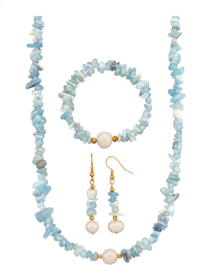 Parure de bijoux 3 pièces avec aigues-marines et perles de culture d'eau douce, Bleu