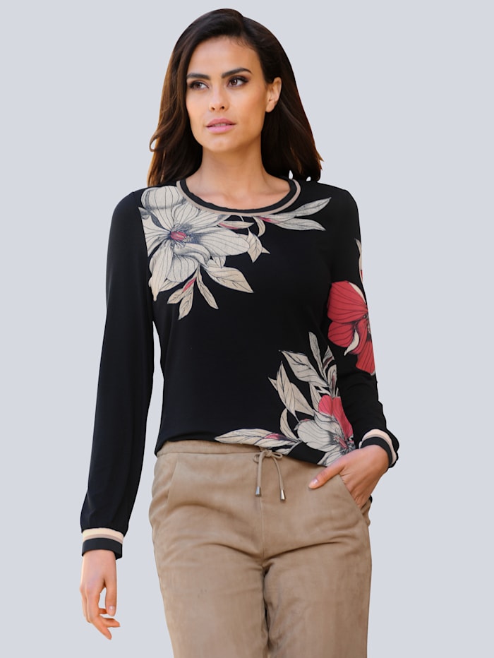 Alba Moda Shirt mit floralem Druck im Vorderteil, Schwarz/Rot/Off-white