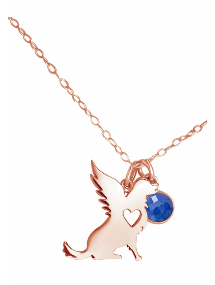 GEMSHINE Halskette mit Anhänger Hund Flügel - Saphir Treuer Schutzengel für Herrchen, Frauchen Tierschmuck, rose gold coloured