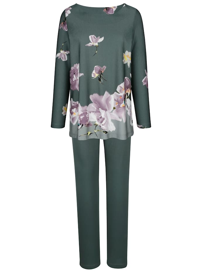 Schlafanzug mit floralem Bordürendruck, Salbeigrün/Flieder/Ecru